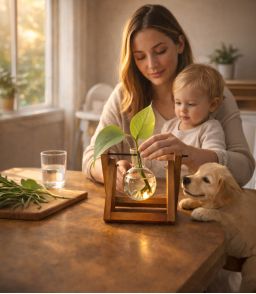 VASE HYDROPONIQUE DESIGN A SPHERE EN VERRE ET SUPPORT BOIS