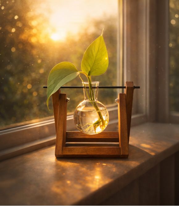 VASE HYDROPONIQUE DESIGN A SPHERE EN VERRE ET SUPPORT BOIS