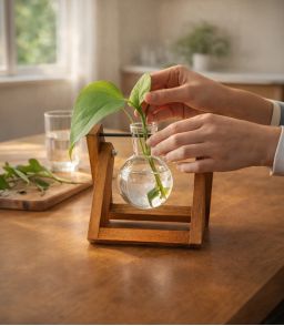 VASE HYDROPONIQUE DESIGN A SPHERE EN VERRE ET SUPPORT BOIS
