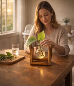 VASE HYDROPONIQUE DESIGN A SPHERE EN VERRE ET SUPPORT BOIS