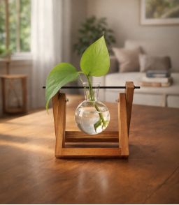 VASE HYDROPONIQUE DESIGN A SPHERE EN VERRE ET SUPPORT BOIS
