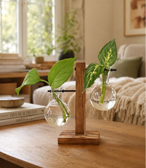 VASE HYDROPONIQUE DESIGN A DOUBLE SPHERE EN VERRE ET SUPPORT BOIS