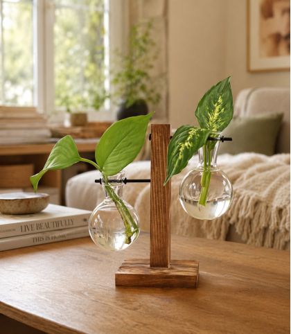VASE HYDROPONIQUE DESIGN A DOUBLE SPHERE EN VERRE ET SUPPORT BOIS