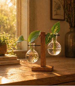 VASE HYDROPONIQUE DESIGN A DOUBLE SPHERE EN VERRE ET SUPPORT BOIS