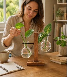 VASE HYDROPONIQUE DESIGN A DOUBLE SPHERE EN VERRE ET SUPPORT BOIS