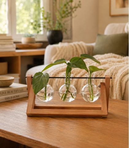 VASE HYDROPONIQUE DESIGN A TRIPLE SPHERE EN VERRE ET SUPPORT BOIS