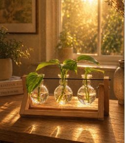 VASE HYDROPONIQUE DESIGN A TRIPLE SPHERE EN VERRE ET SUPPORT BOIS