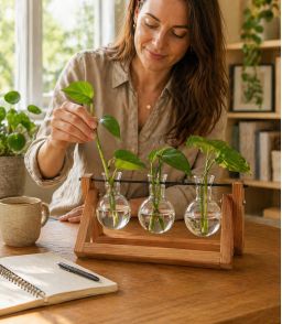 VASE HYDROPONIQUE DESIGN A TRIPLE SPHERE EN VERRE ET SUPPORT BOIS