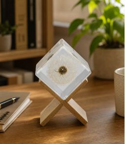 CUBE INCLUSION PISSENLIT SUR SUPPORT BOIS